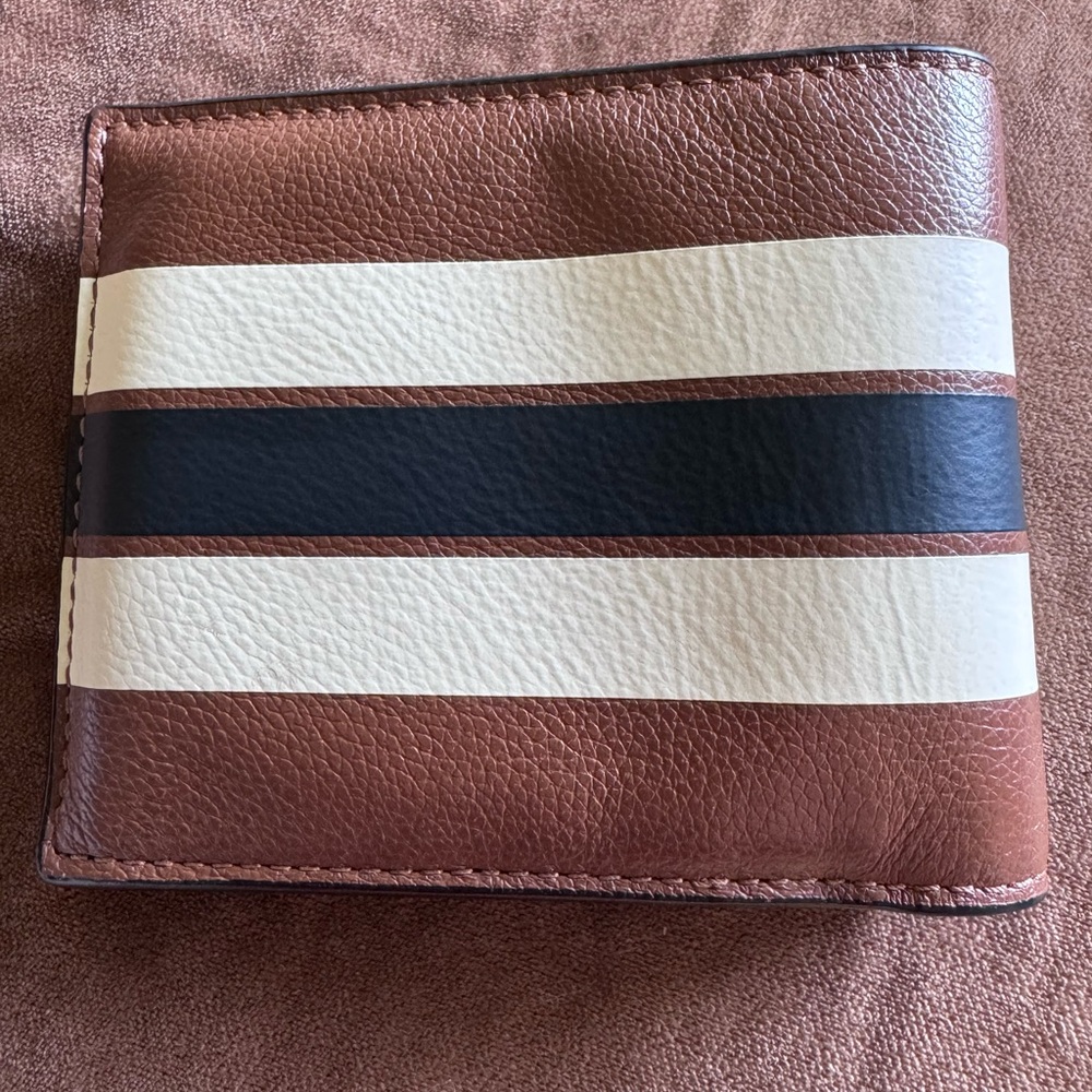 Coach Brown Leather Wallet with White and Navy Stripes - Picture 2 of 6